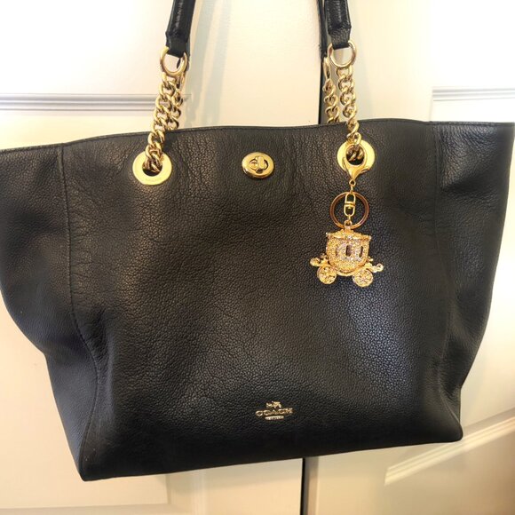 Coach Womens Black Polished Pebble Leather Turnlock Chain Tote 27 Bag - Picture 1 of 12